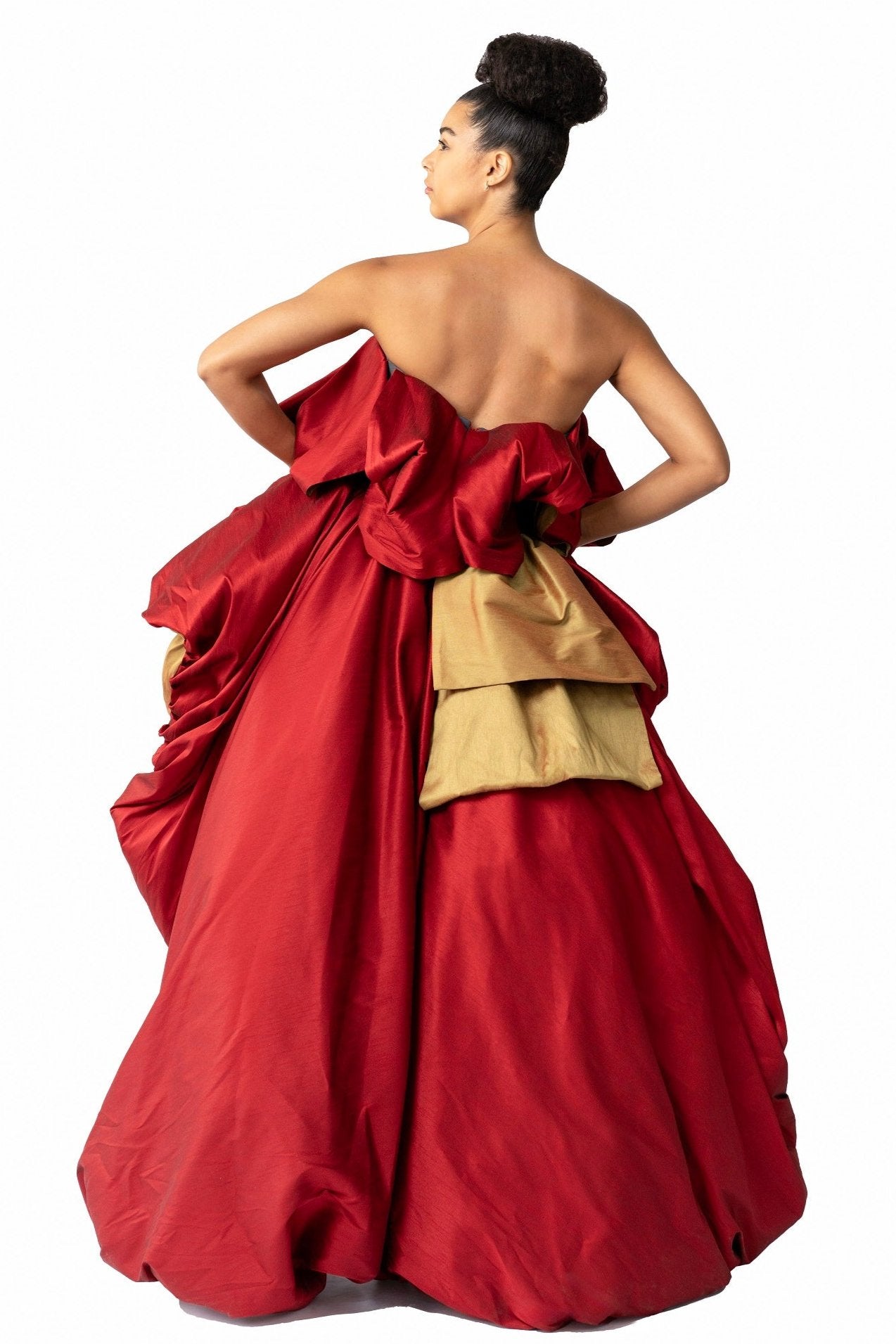Red Piony Ruffled Asymmetric Gown with hand-painted birds and puff skirt