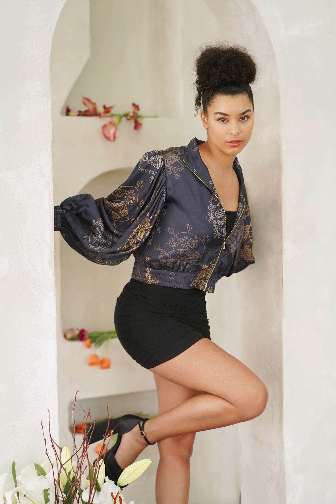 Women’s cropped bomber jacket with oversized bell sleeves and front zipper in Twilight Ocean Dream pattern