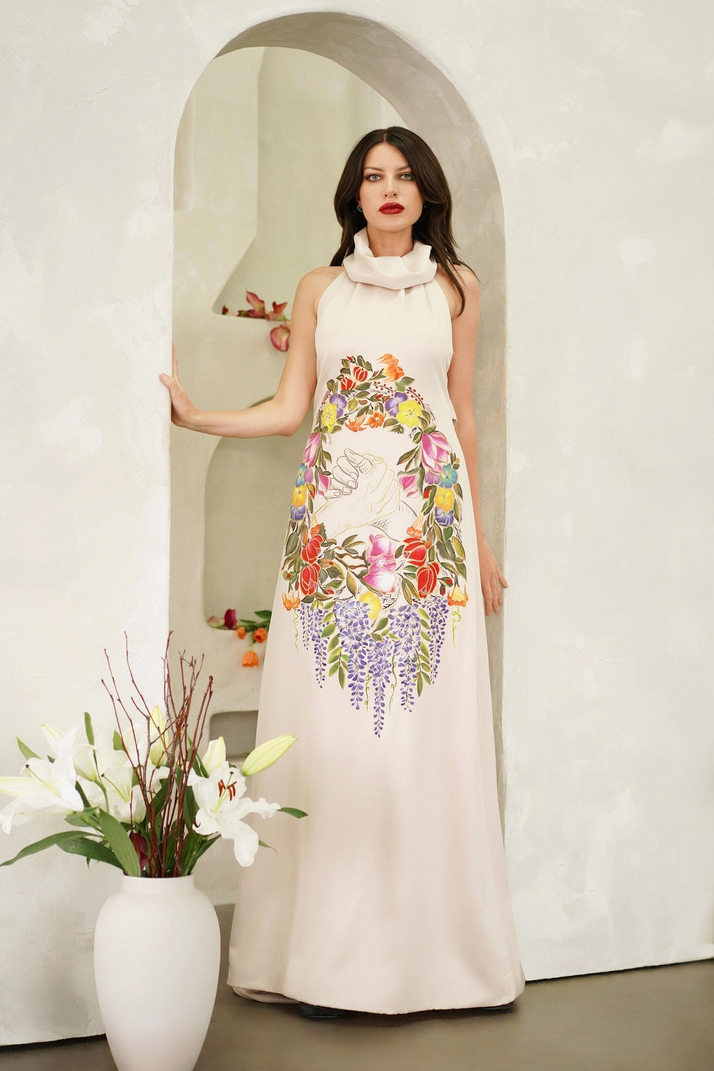 Unity Garden dress hand-painted silk sateen maxi dress with high neck and A-line style