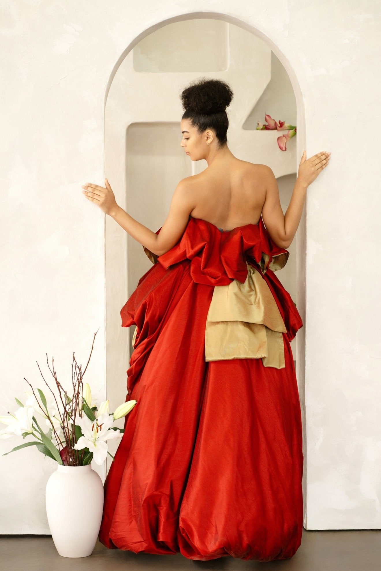 Red Piony Ruffled Asymmetric Gown
