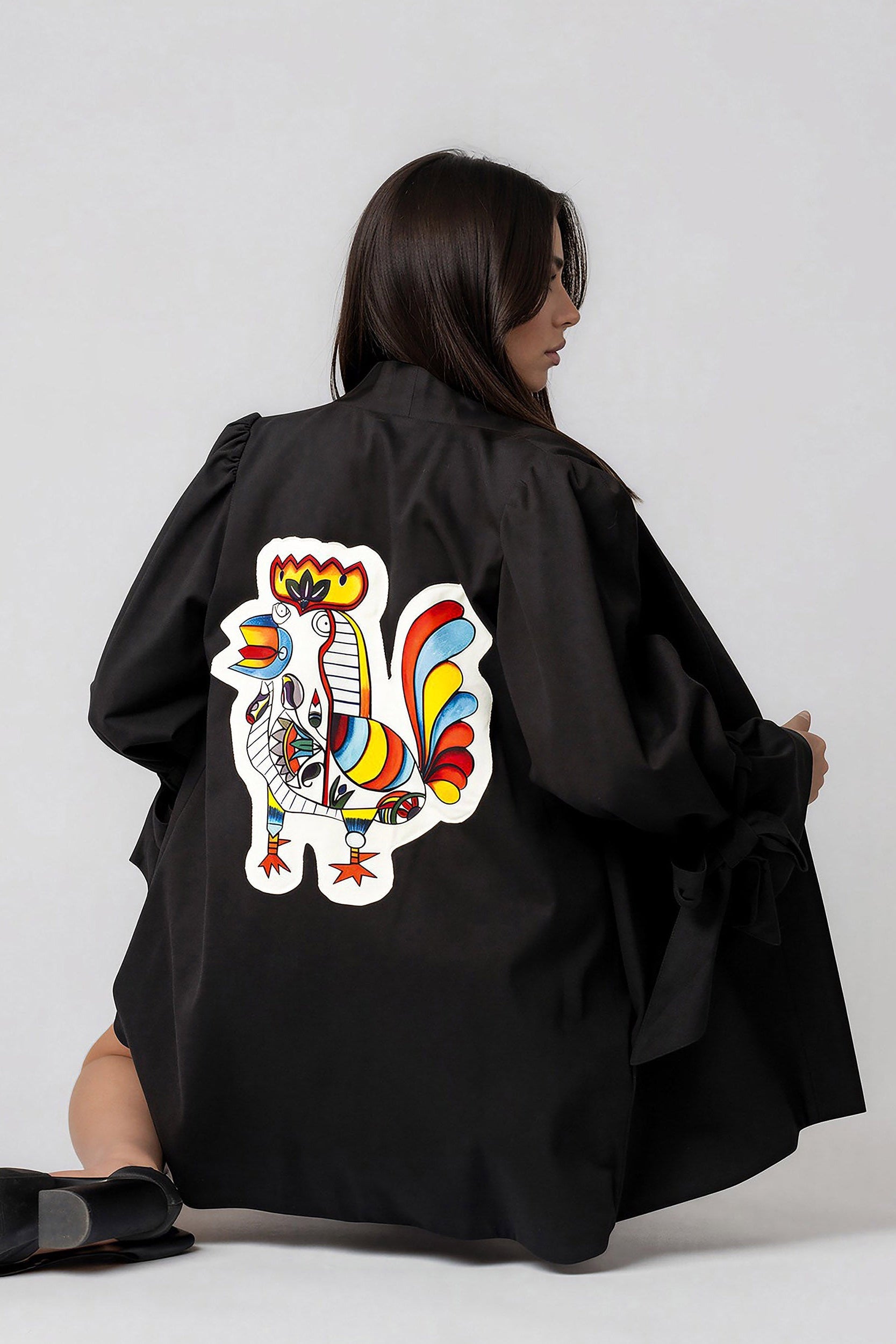 Woman Picasso Masterpiece The Rooster Jacket with colorful rooster-themed hand-painted patchwork design