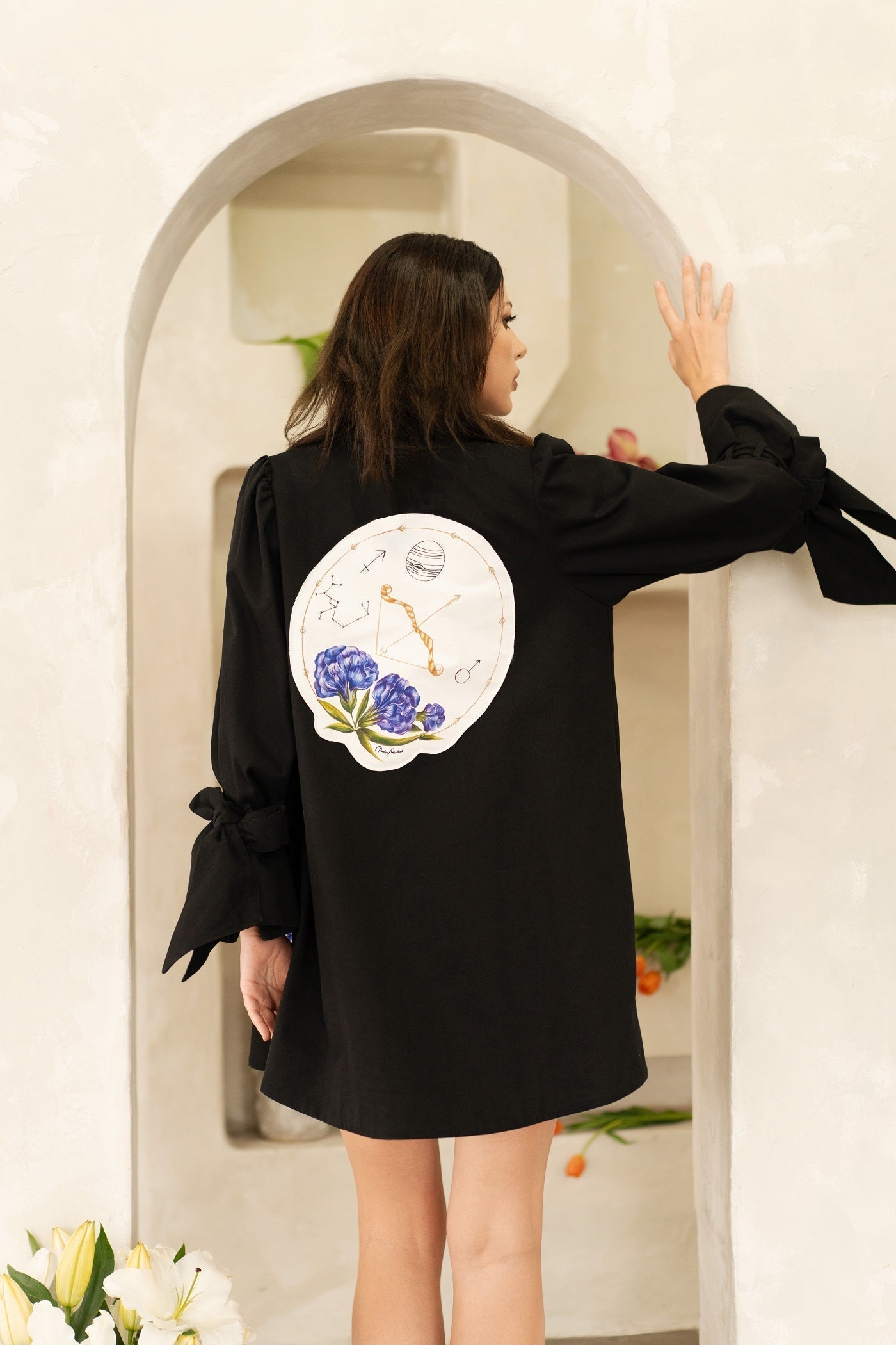 Women Sagittarius Zodiac jacket with hand-painted astrological patches and cotton twill fabric