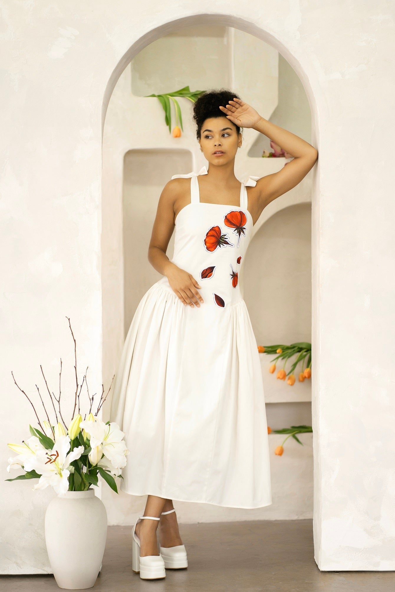 Women Midi Dress- Peace Blossoms Elegant Floral Dress