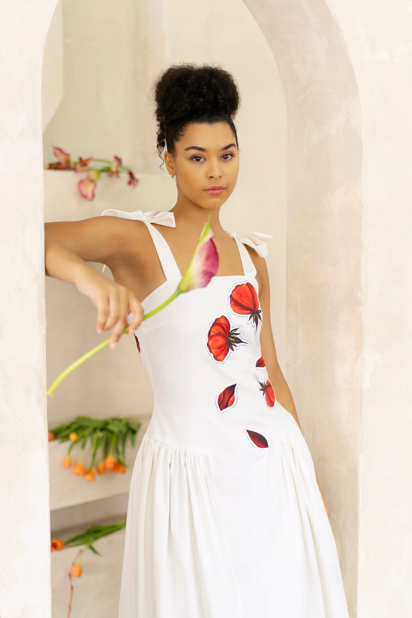 Women Midi Dress- Peace Blossoms Elegant Floral Dress with hand-painted print and sleeveless design