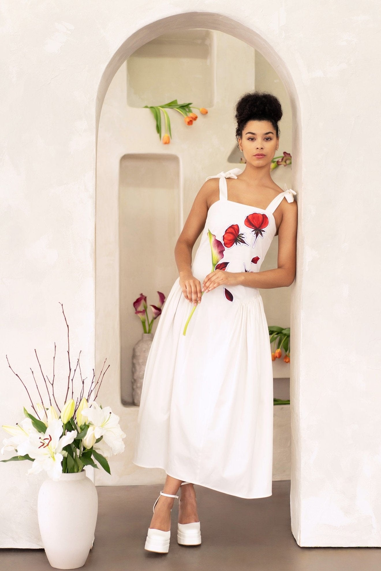 Women Midi Dress- Peace Blossoms Elegant Floral Dress