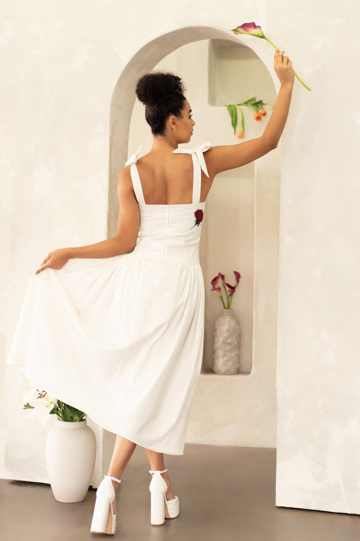 Women Midi Dress- Peace Blossoms Elegant Floral Dress and flowing silhouette