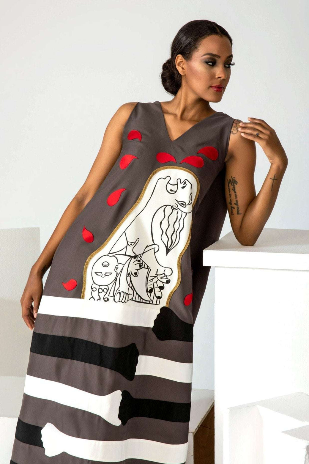 Hand-painted Crying Woman for Peace crepe satin gown with removable train handcrafted in LA studio