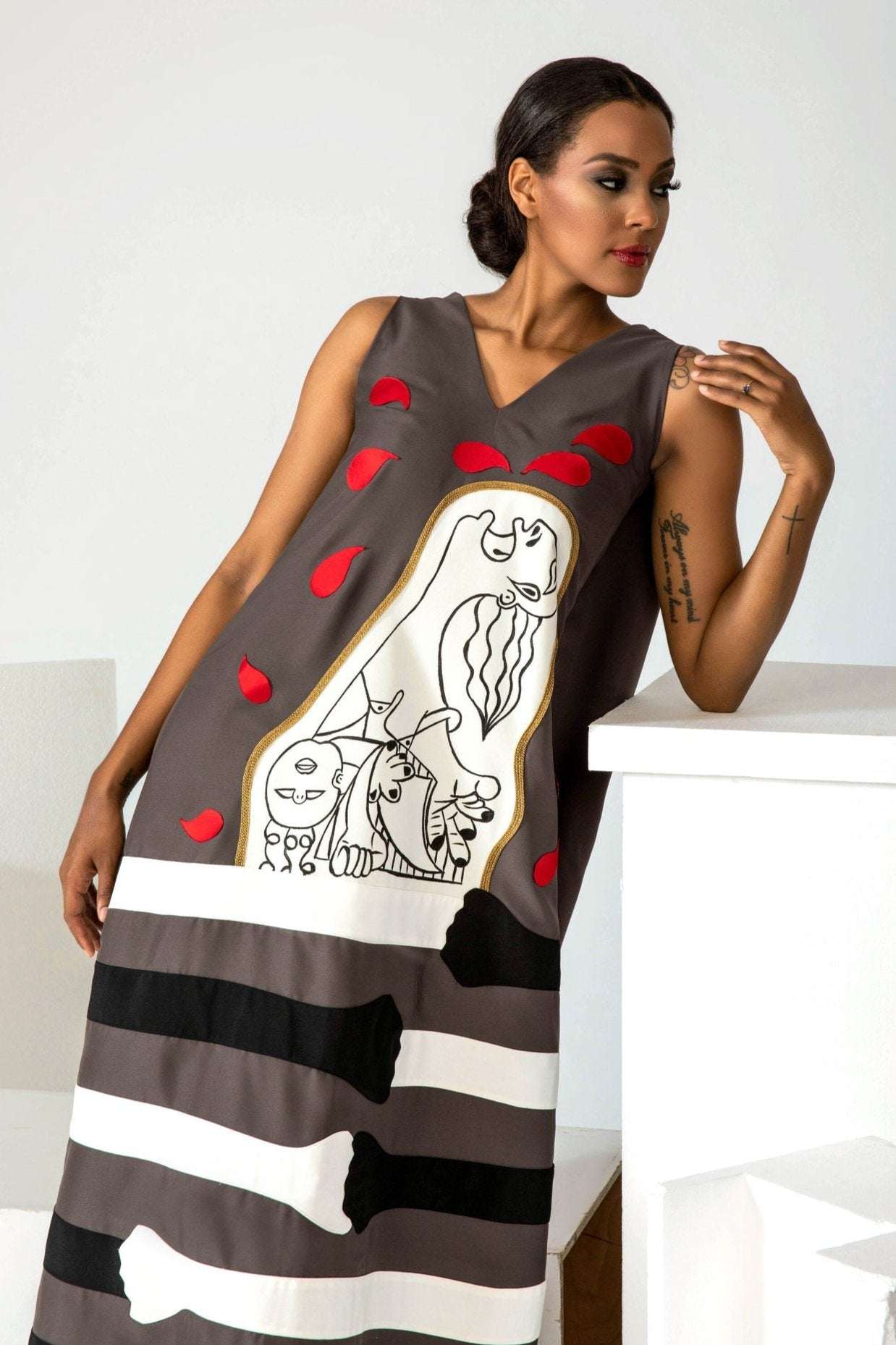 Hand-painted Crying Woman for Peace crepe satin gown with removable train handcrafted in LA studio