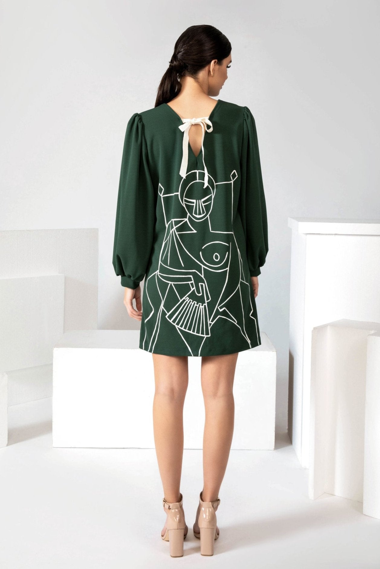 Green hand-painted mini A-line dress for women, handmade in LA studio