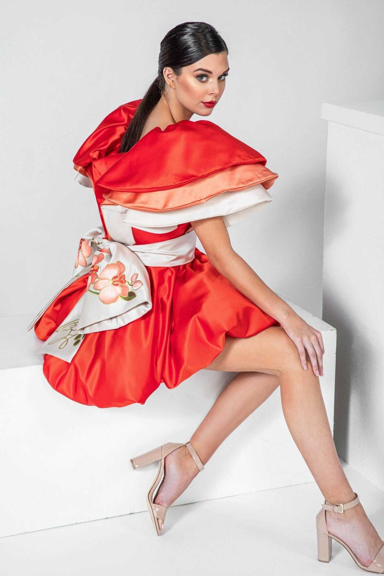 Orange Orchid Mini Ruffled Dress hand-painted silk satin mini dress with ruffled neck and balloon skirt