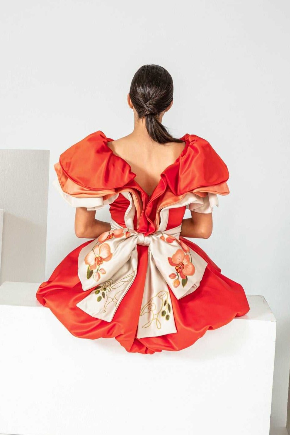 Orange Orchid Mini Ruffled Dress handmade hand-painted silk satin with ruffled neck and balloon skirt