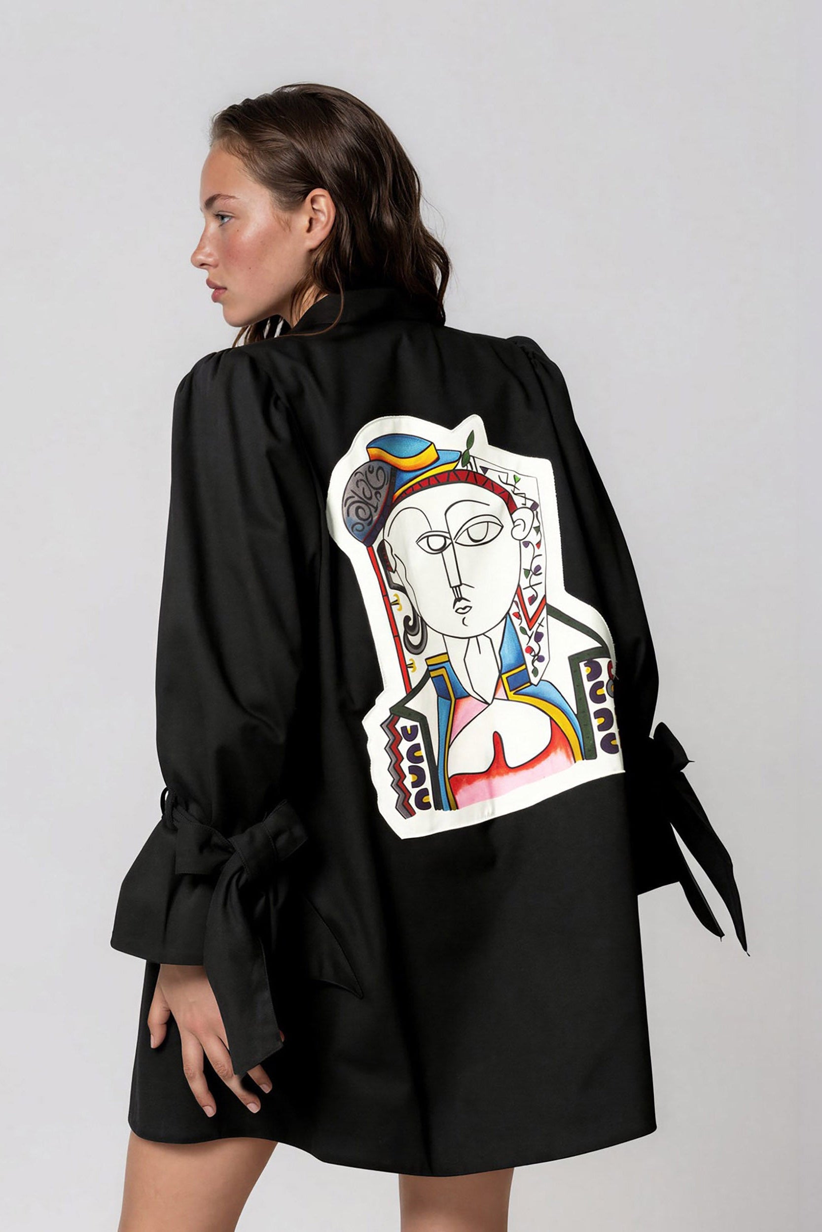 Picasso The Queen Masterpiece Jacket women's hand-painted patchwork swing coat in cotton twill