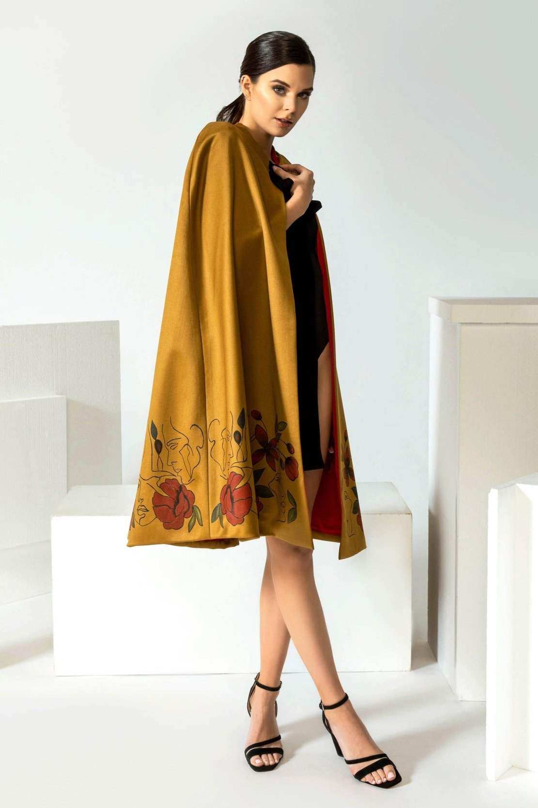 Hand-painted World in Peace silk crepe cape tailored with self-tie strap