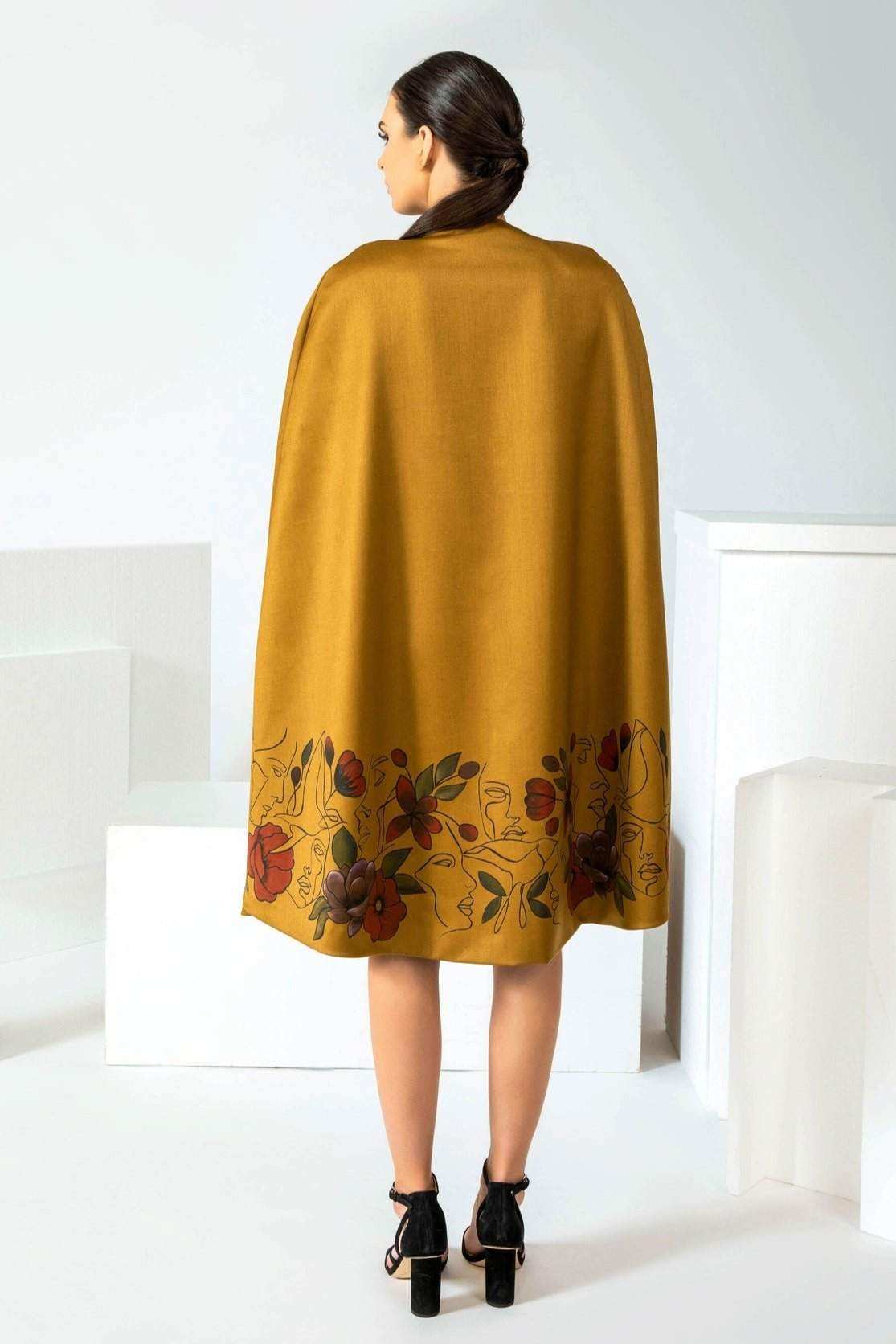 Hand-painted World in Peace Silk Cape tailored with self-tie strap from LA studio