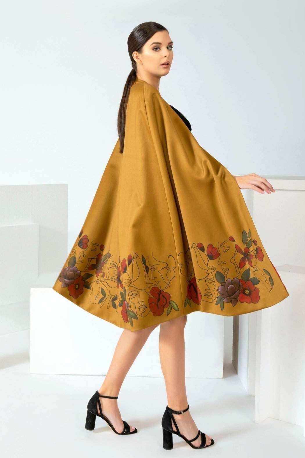 Hand-painted World in Peace Silk Cape tailored with self-tie strap, made in LA studio