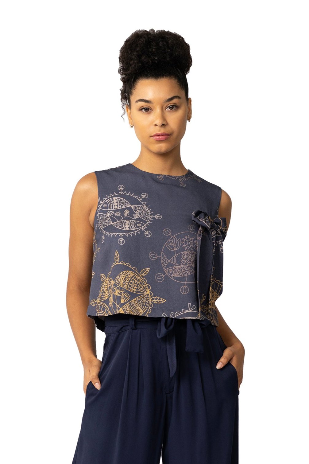 Women's Cropped sleeveless Bowtie Top- Midnight Dream