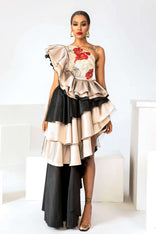 Hand-painted Peace Garden ruffled silk satin dress with black satin and taffeta ruffles on high-quality tule