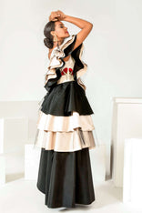 Hand-painted Peace Garden Ruffled Dress in silk satin with black satin and taffeta ruffles and tule overlay, custom-made in LA studio