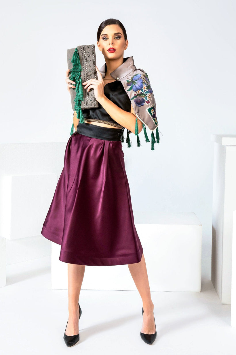Hand-painted Flower Garden Stand Collar Cape with A-line skirt and black satin top, custom-made in Los Angeles studio