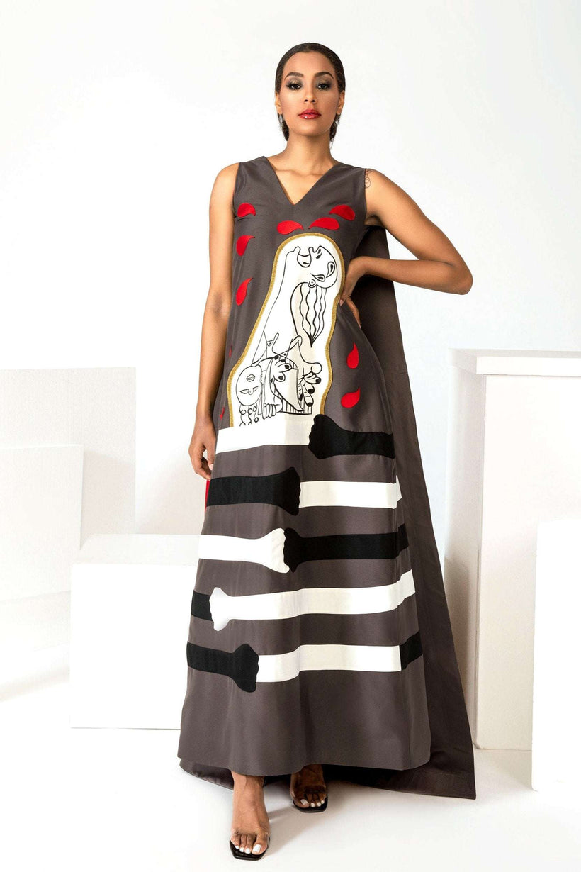 Hand-painted Crying Woman for Peace gown in high-quality crepe satin with removable train