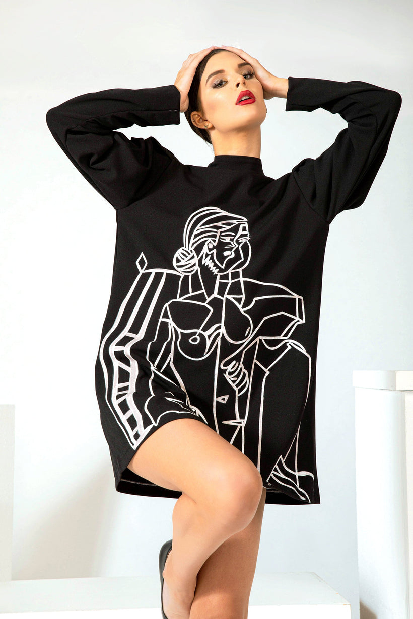 Women hand painted high neck mini dress in black with queen design, handmade in LA studio