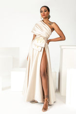 Hand-painted Bleeding Hearts in Peace one-shoulder silk satin gown with removable train crafted in LA studio