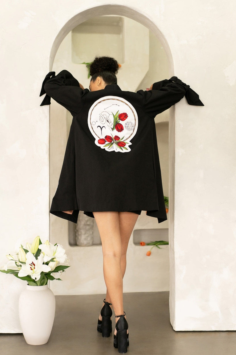 Women Aries Zodiac jacket with hand-painted astrology patches and cotton twill fabric