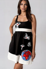 Black elegant women's mini dress with hand-painted peace bird design and self-tie belt