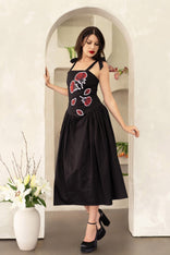 Women Midi Dress- Peace Blossoms Elegant Floral Dress with hand-painted red floral print and gathered side skirt