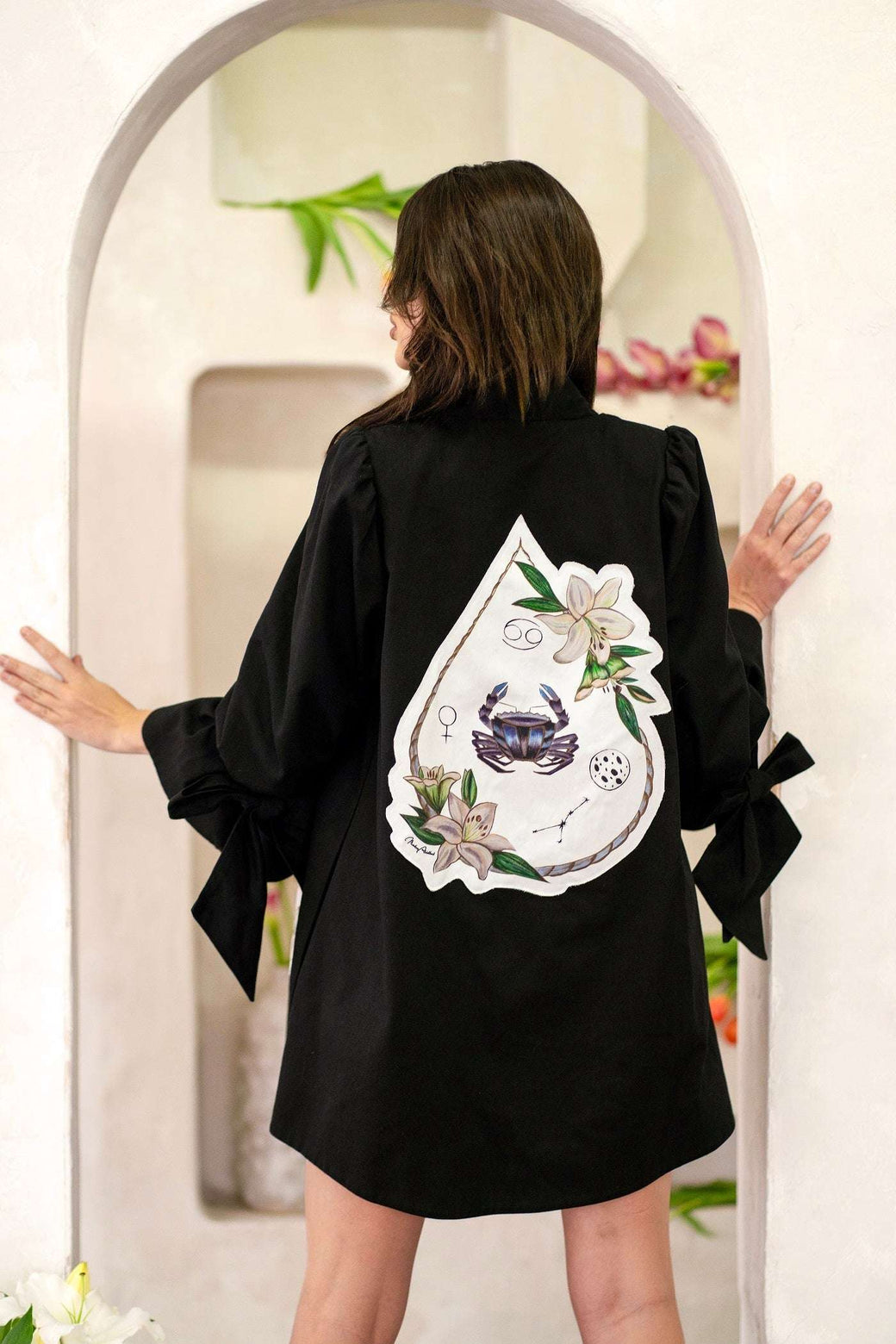 Women Cancer Zodiac Jacket with hand-painted astrology patches on cotton twill swing coat