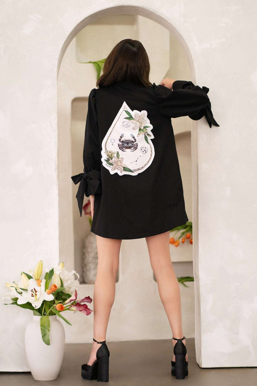 Women Cancer Zodiac Jacket with hand-painted zodiac symbols and constellation stars on cotton twill fabric