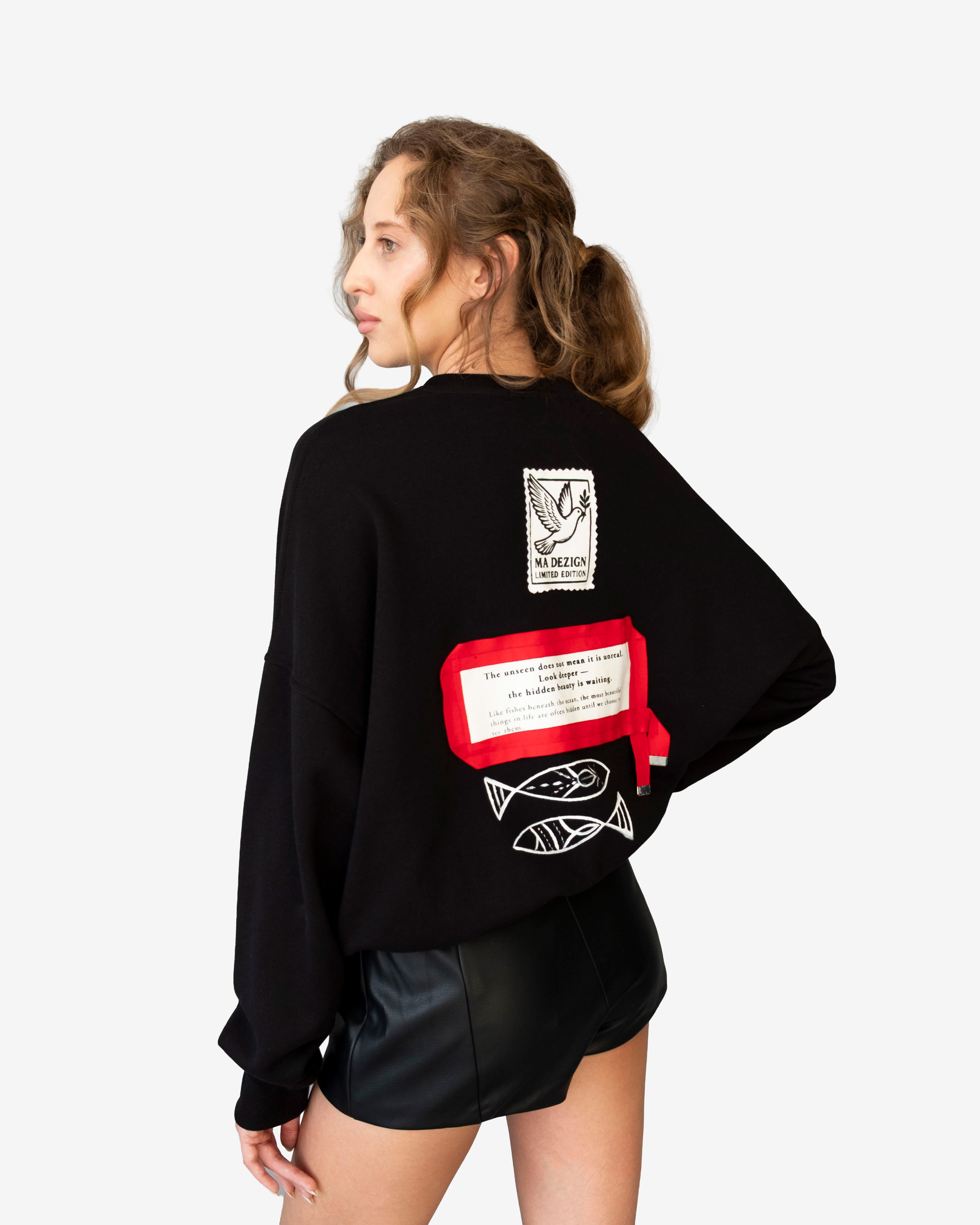 Cropped Hand-Painted Fish Crewneck with patchwork and decorative ribbons in soft cotton French terry