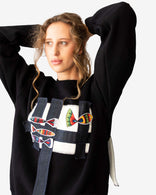 Artisan Fish Patchwork Crewneck with fish motif patchwork and layered textile straps on soft cotton French terry