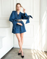 Indigo Atelier Flare Denim Jacket with patchwork, voluminous sleeves, and front pockets made of 100% washed cotton denim
