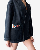 Nomad oversized gray denim jacket with artistic patchwork and open-front design