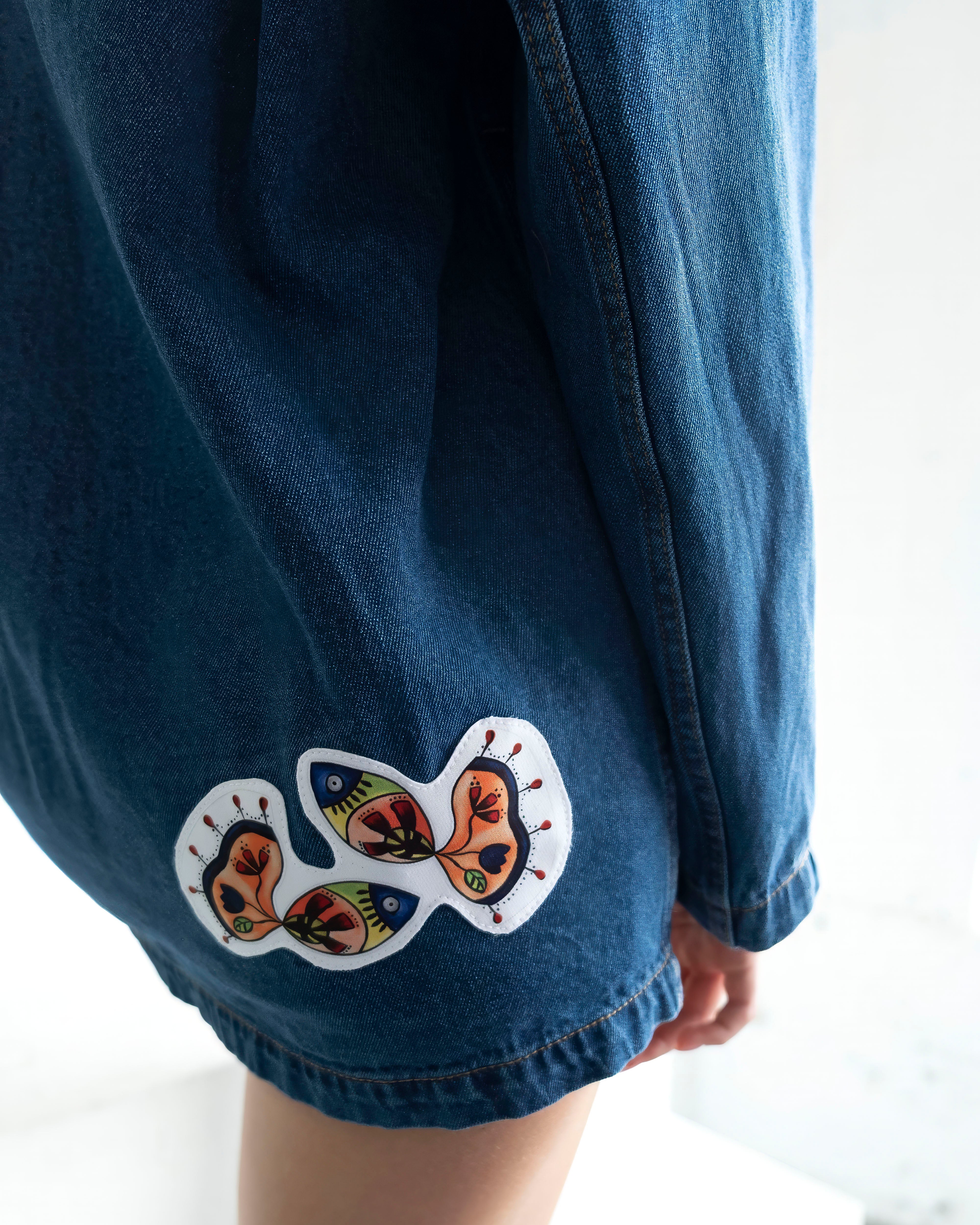 Nomad Oversized Denim Jacket indigo with artistic patchwork and relaxed fit
