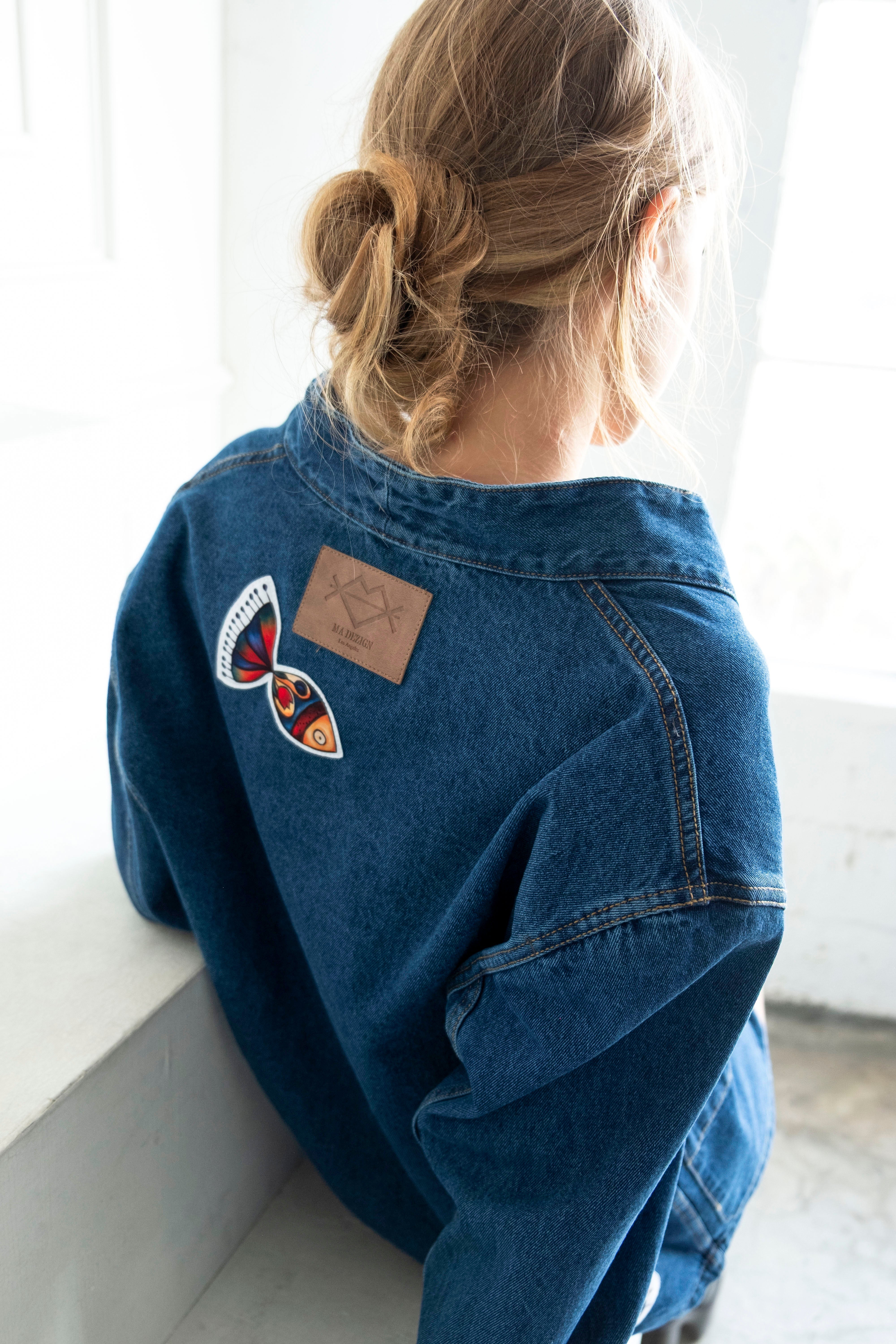 Nomad Oversized Denim Jacket indigo 100% cotton denim with artistic patchwork and relaxed fit
