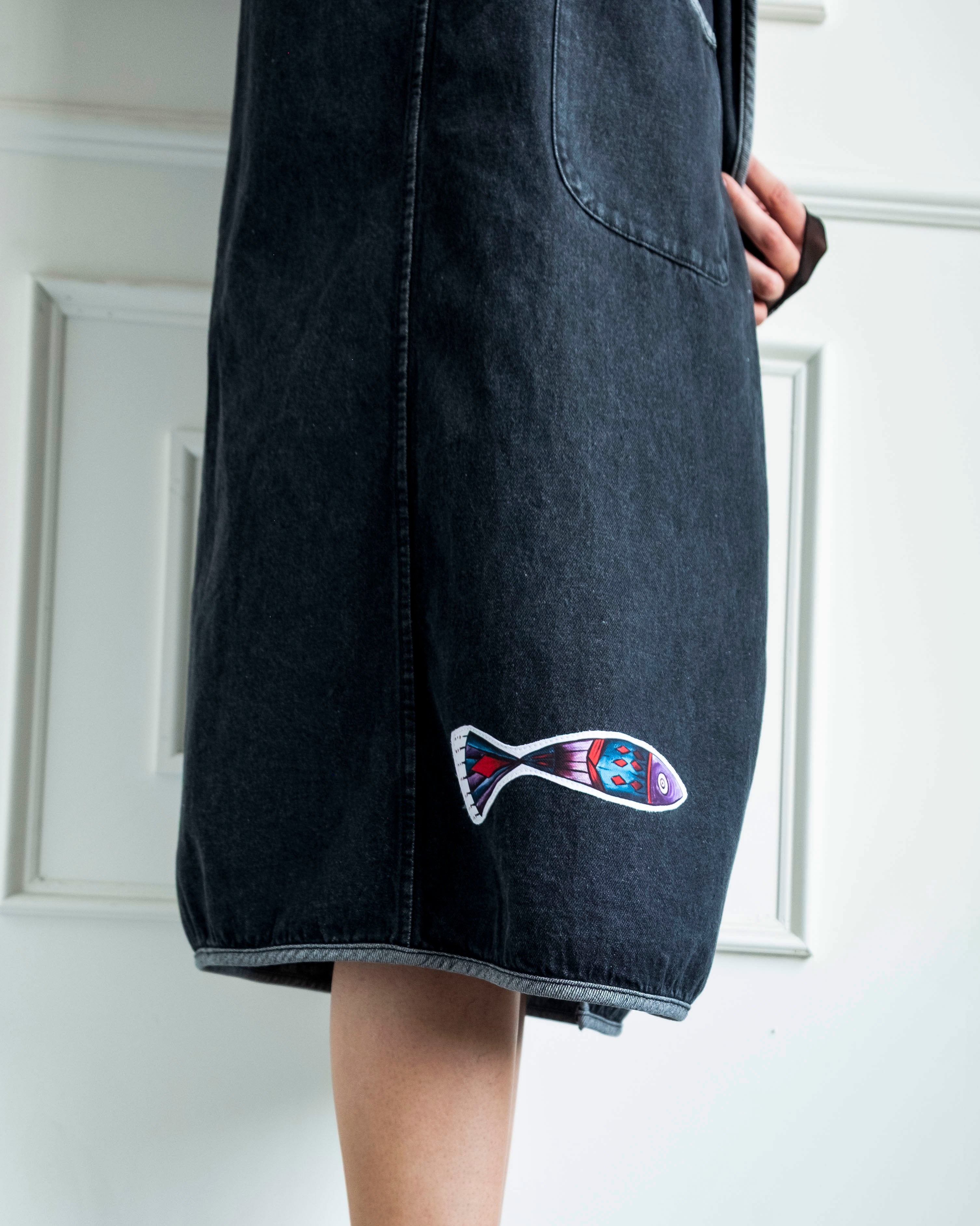 Nomadic Flow Denim Vest sleeveless open-front gray cotton denim with artistic patchwork and front pockets