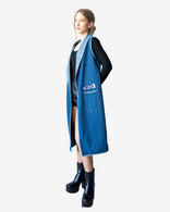 Nomadic Flow Denim Vest Indigo sleeveless open-front longline cotton denim coat with artistic patchwork and front pockets made in Los Angeles