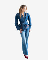 Red Peony Wrap Denim Jacket with artistic red peony patchwork on blue washed cotton denim
