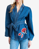 Red Peony Wrap Denim jacket with artistic floral patchwork and adjustable tie on washed cotton denim
