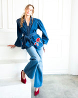 Red Peony Wrap Denim Jacket with artistic red peony patchwork on blue washed cotton denim