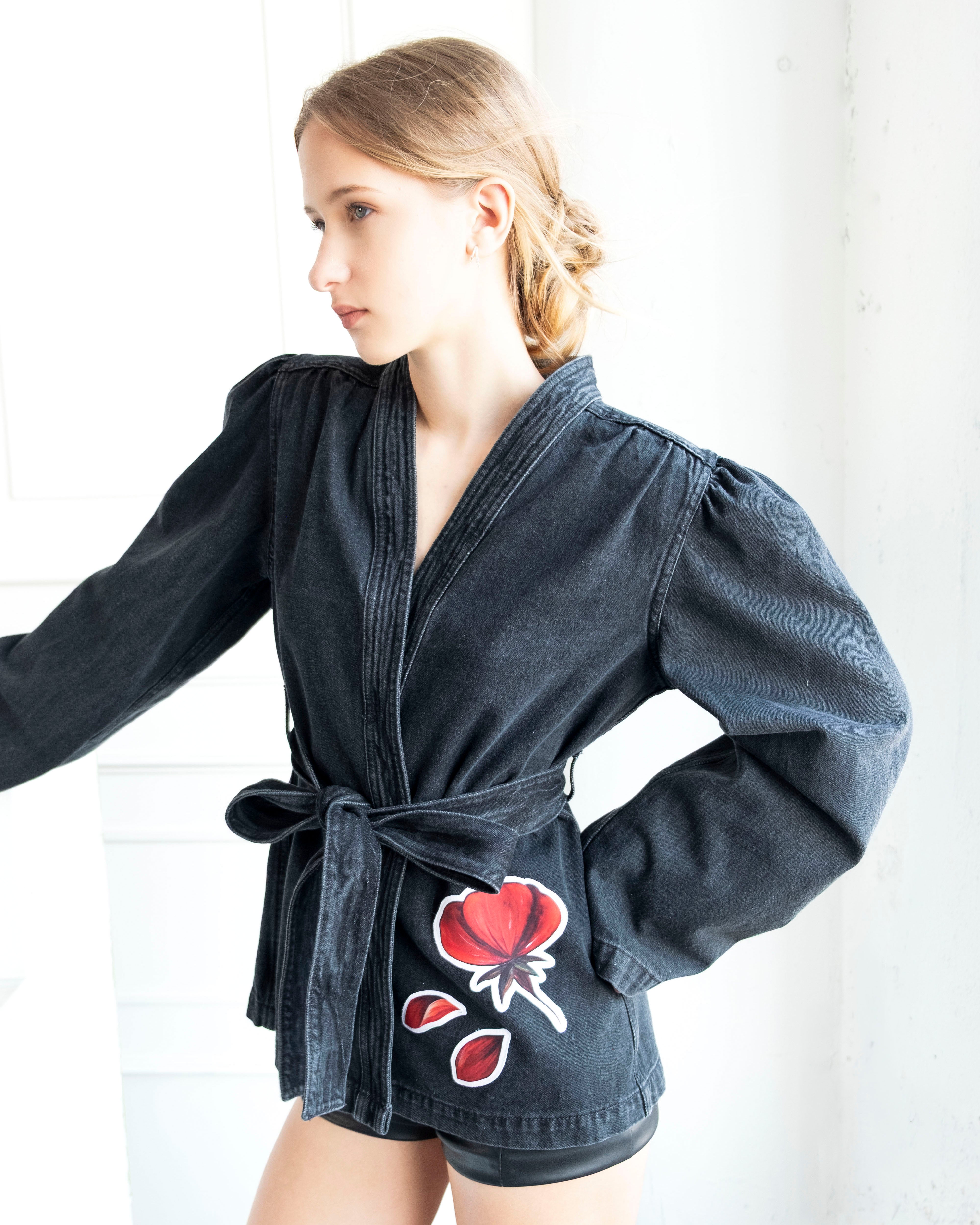 Red Peony Wrap Denim Jacket