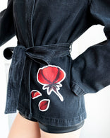 Gray denim jacket with red peony patchwork wrap-front and adjustable tie