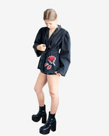 Gray denim wrap jacket with red peony patchwork and adjustable waist tie