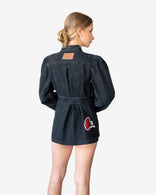 Gray wrap-front denim jacket with red peony patchwork and adjustable waist tie