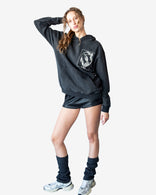 Oversized stone-washed gray hoodie with artistic graphic print in heavyweight cotton French terry