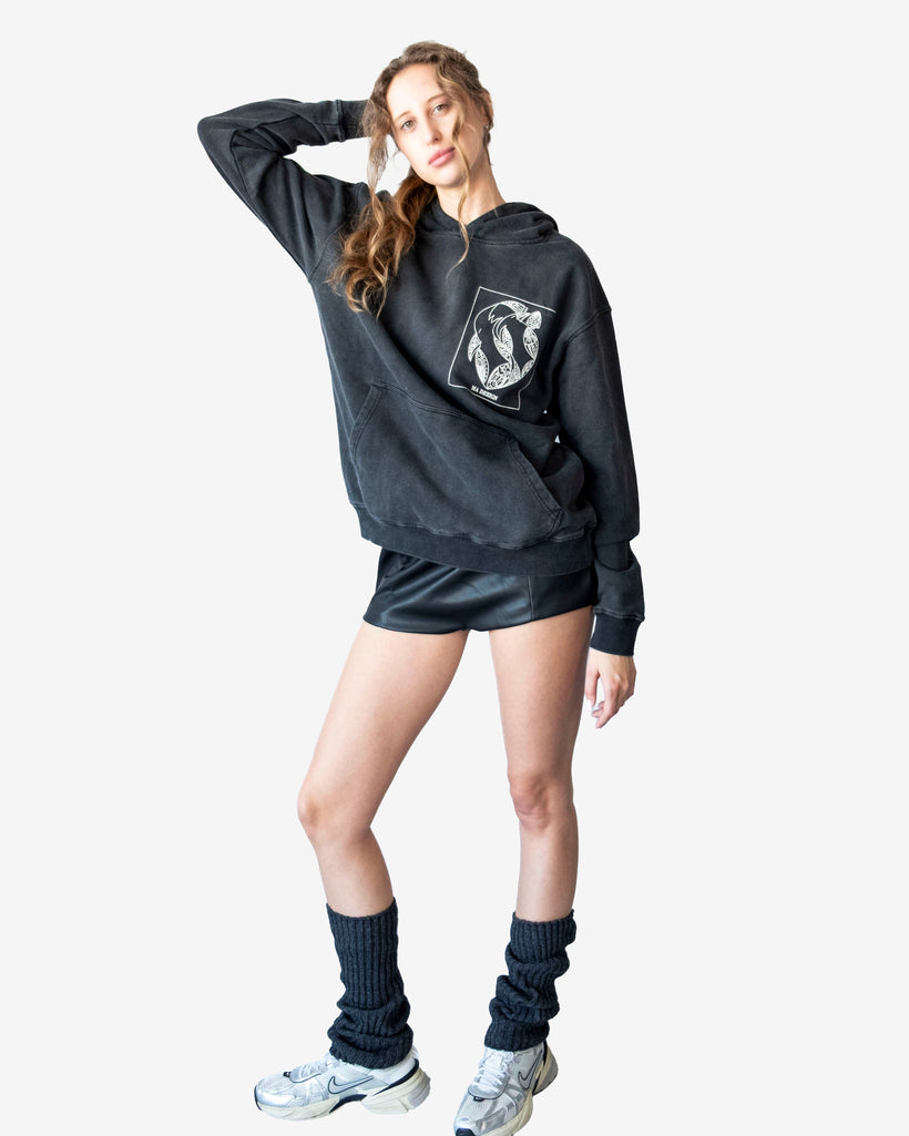 Oversized stone-washed gray hoodie with artistic graphic print in heavyweight cotton French terry