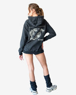 Stone-washed gray oversized hoodie with artistic graphic and front pocket, made from heavyweight cotton French terry