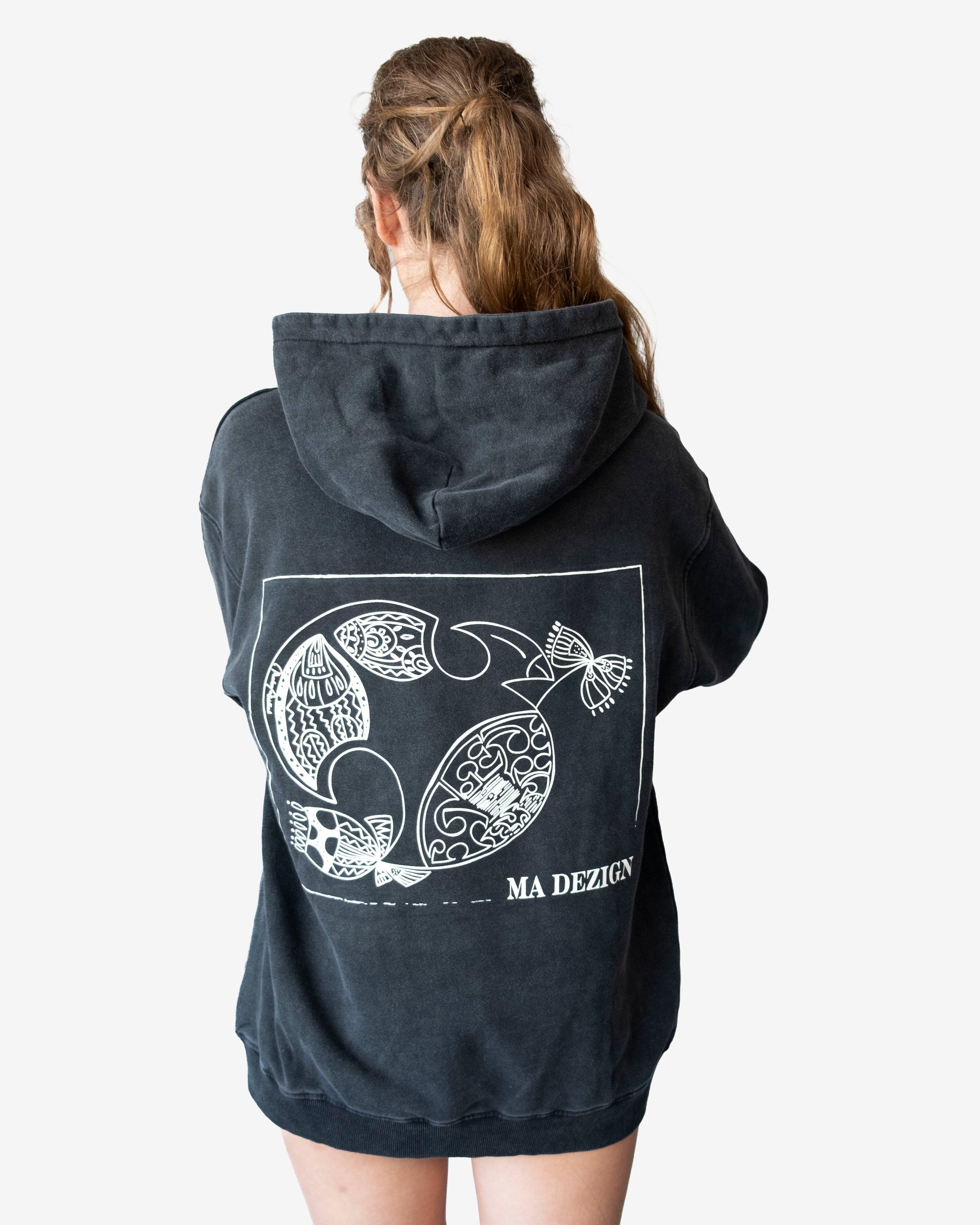 Stone-washed gray oversized hoodie with artistic graphic and kangaroo pocket